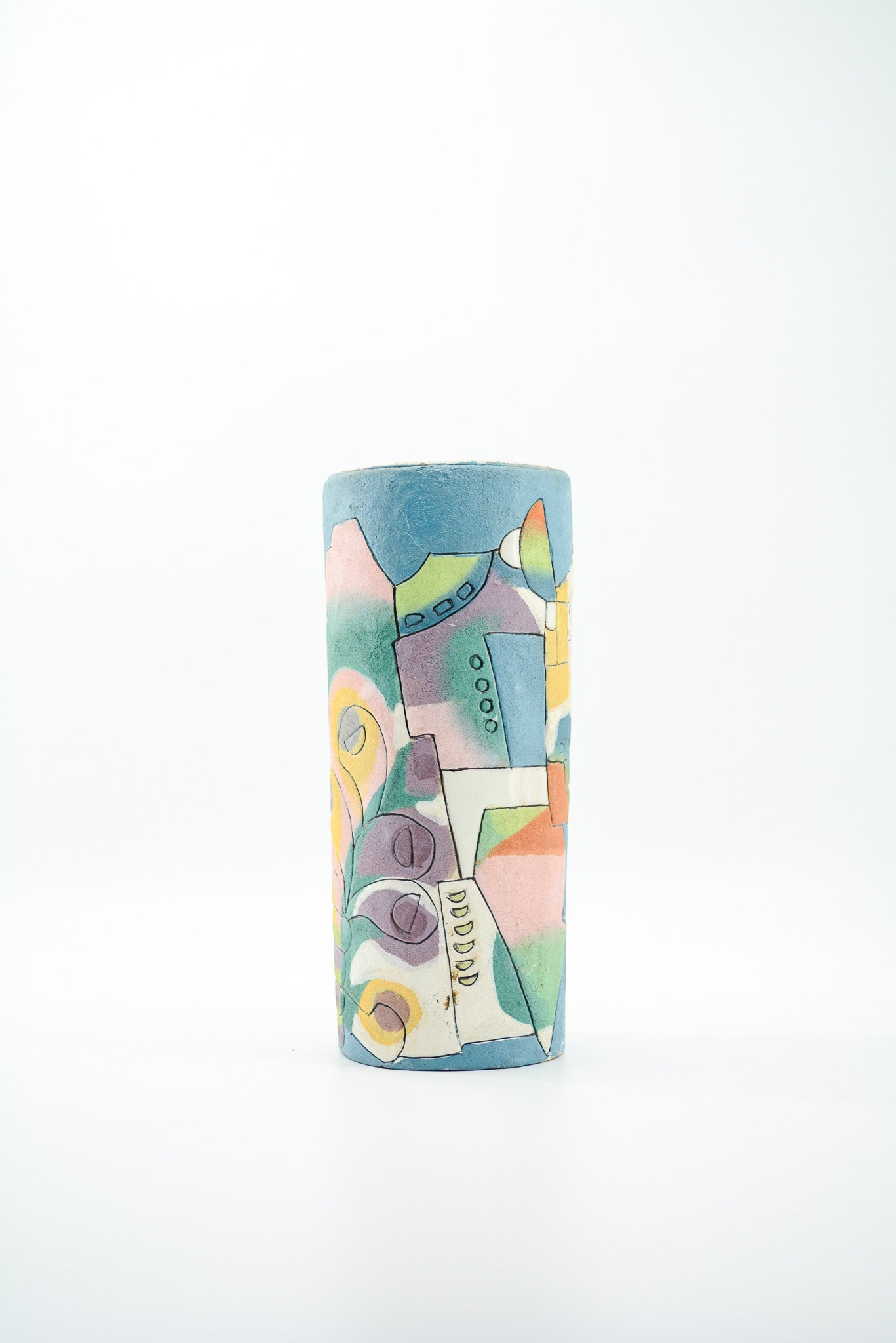 Cylindrical Art Pottery Vase with Abstract Motif / 抽象図案 シリンダー花瓶