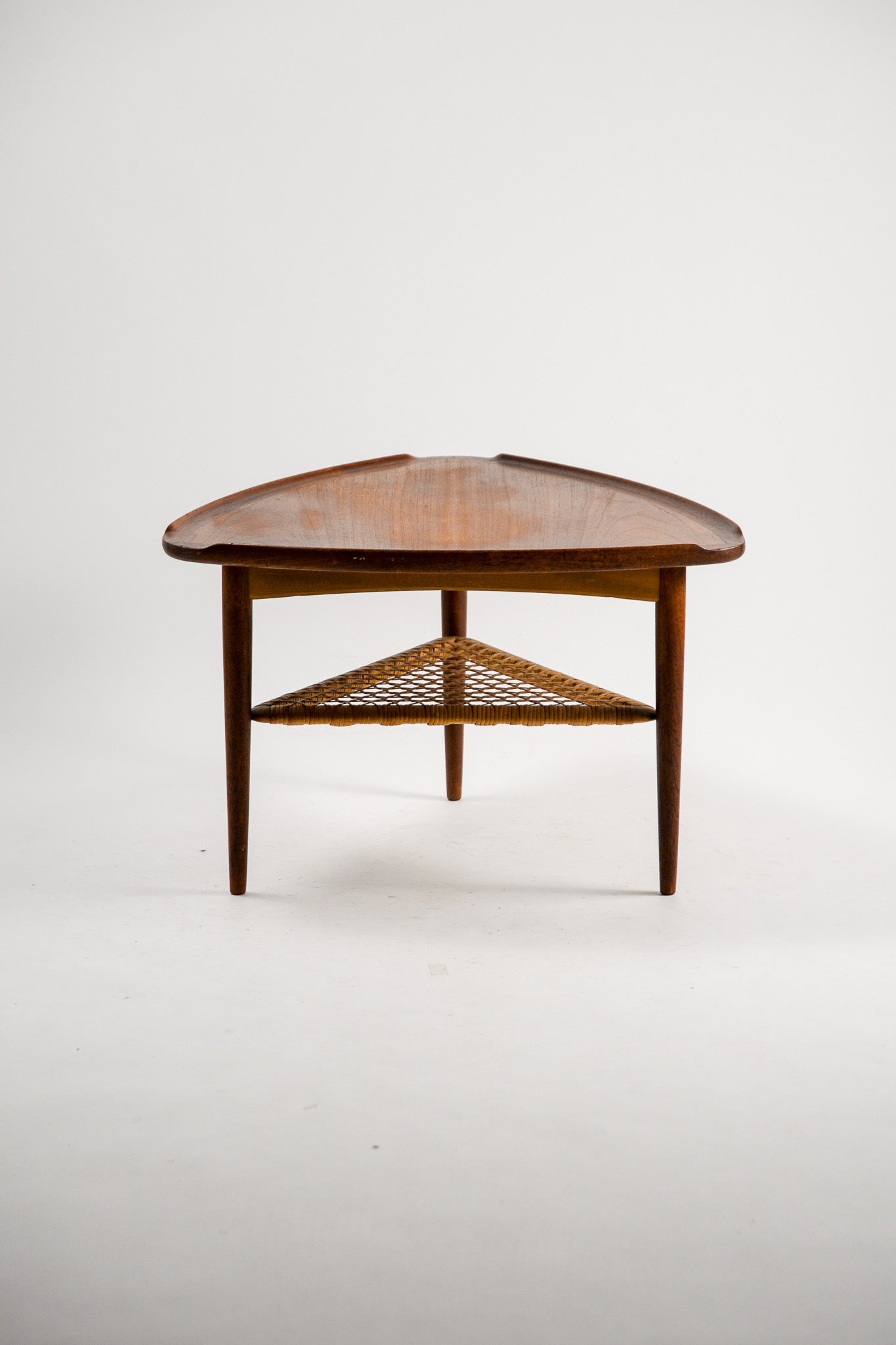 Triangular Coffee Table with Cane Shelf by Johannes Andersen