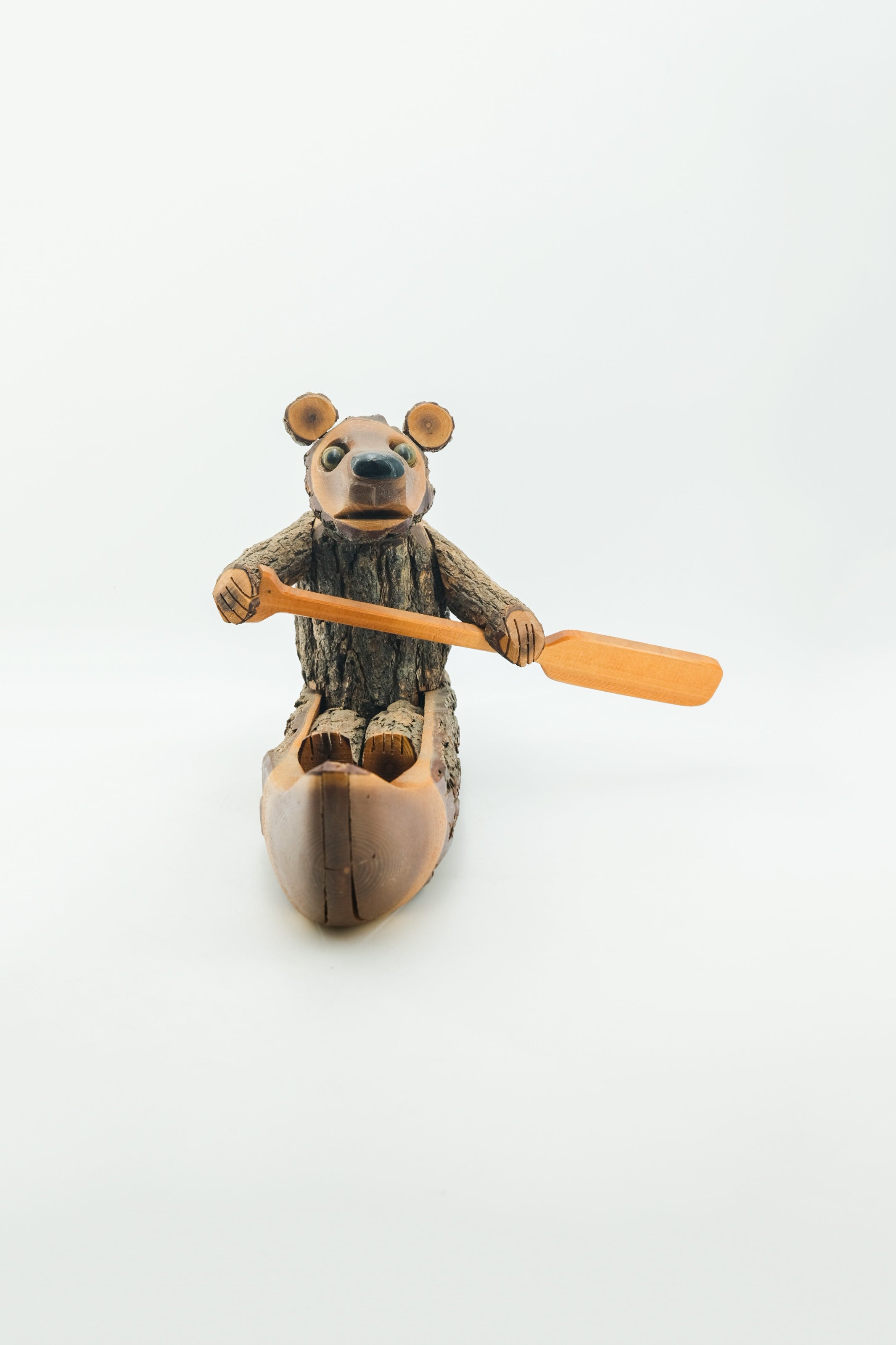 Bear on a Boat Wood Carving / ボートを漕ぐクマの木彫りオブジェ