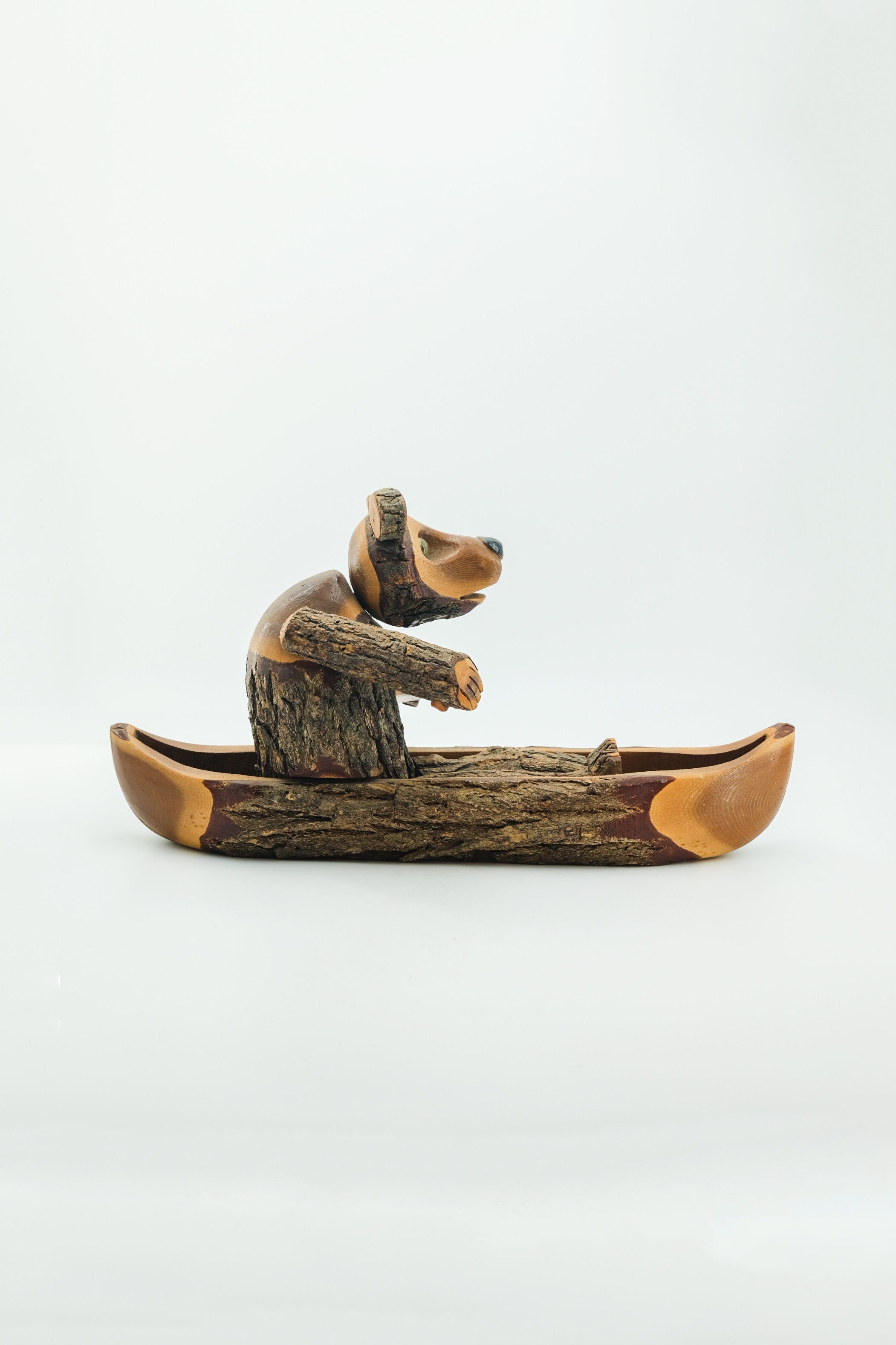 Bear on a Boat Wood Carving / ボートを漕ぐクマの木彫りオブジェ