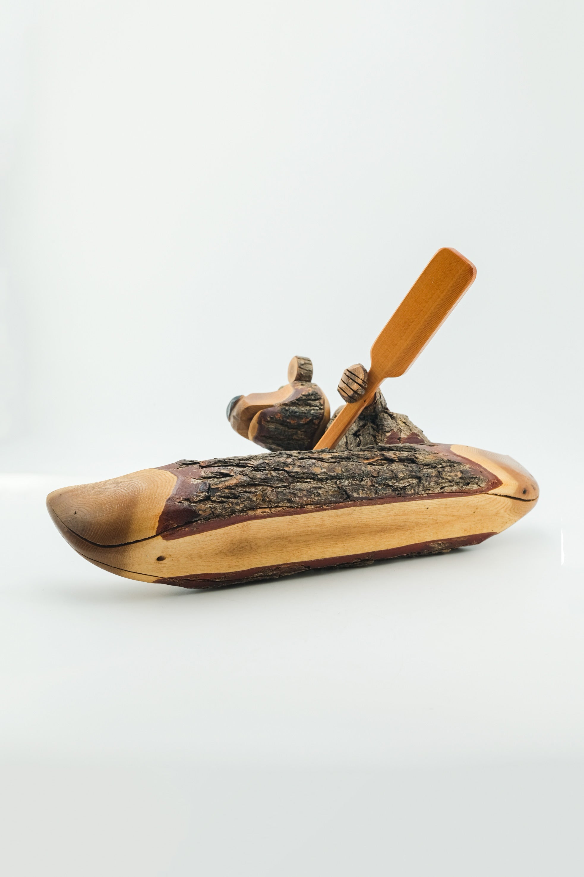 Bear on a Boat Wood Carving / ボートを漕ぐクマの木彫りオブジェ