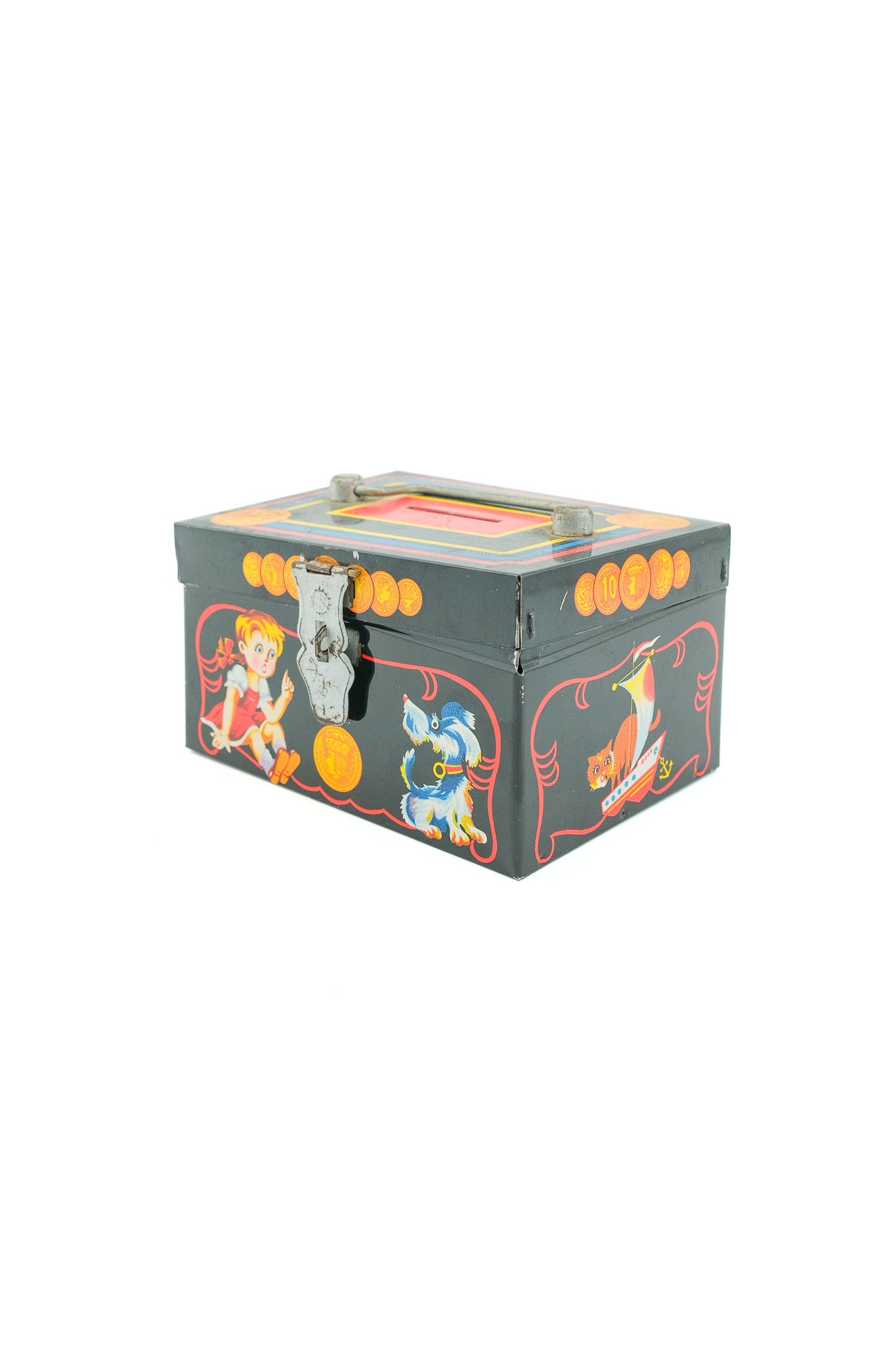 Vintage Tin Money Box with Illustrations / ヴィンテージ ブリキ貯金箱（イラスト入り）