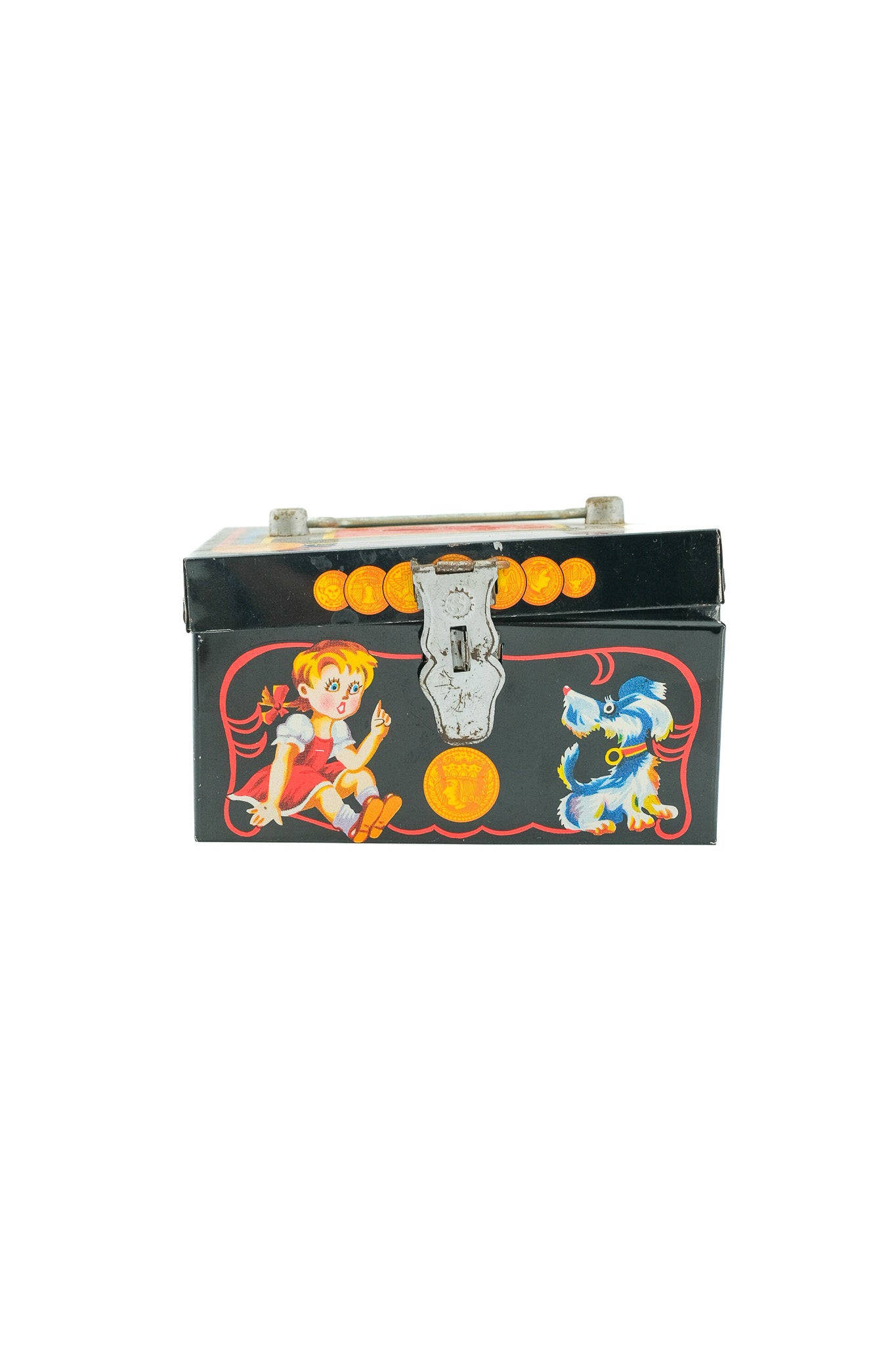 Vintage Tin Money Box with Illustrations / ヴィンテージ ブリキ貯金箱（イラスト入り）