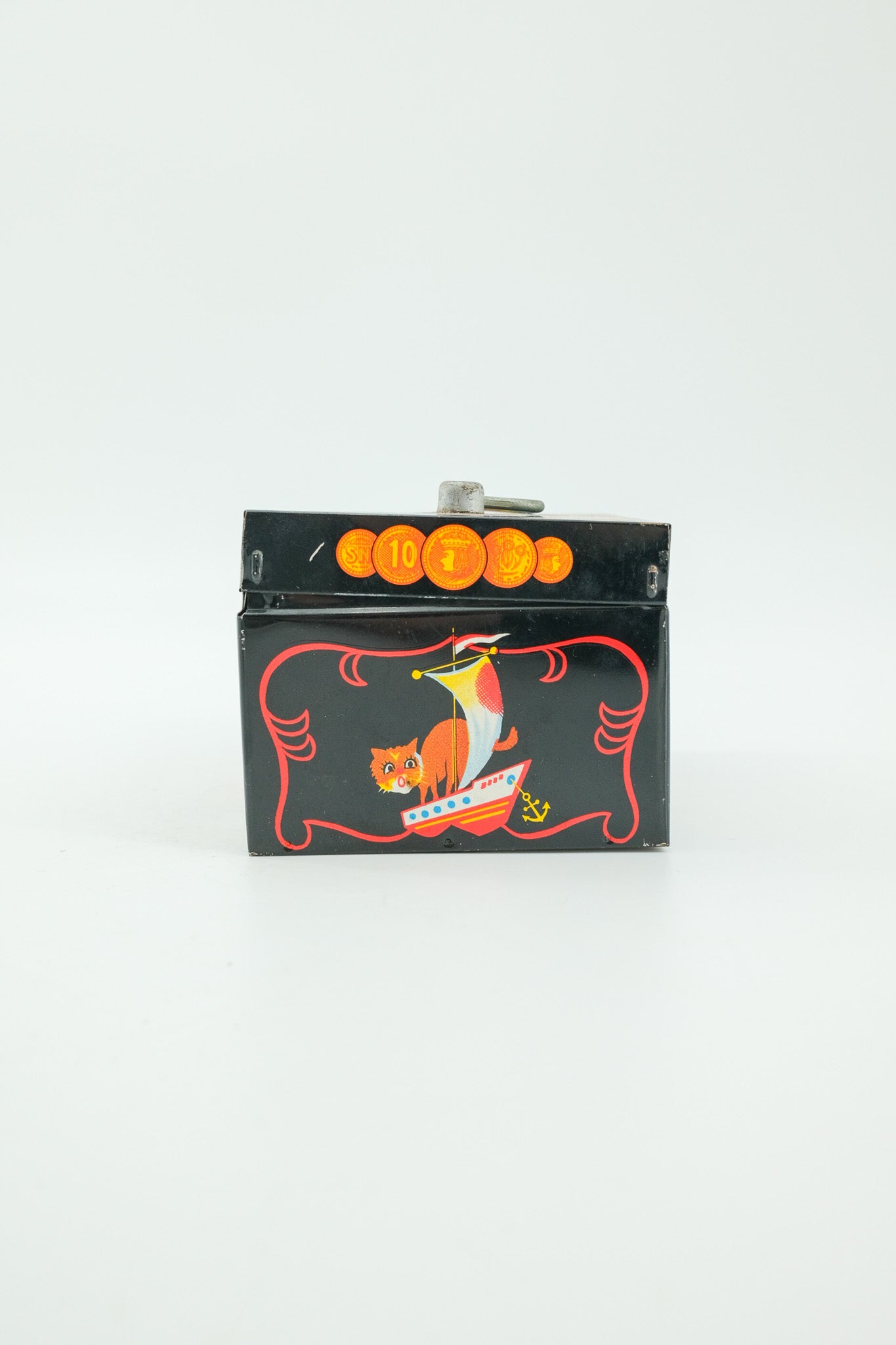 Vintage Tin Money Box with Illustrations / ヴィンテージ ブリキ貯金箱（イラスト入り）