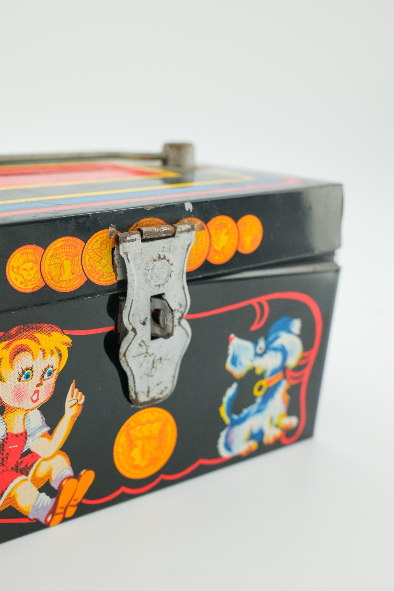 Vintage Tin Money Box with Illustrations / ヴィンテージ ブリキ貯金箱（イラスト入り）