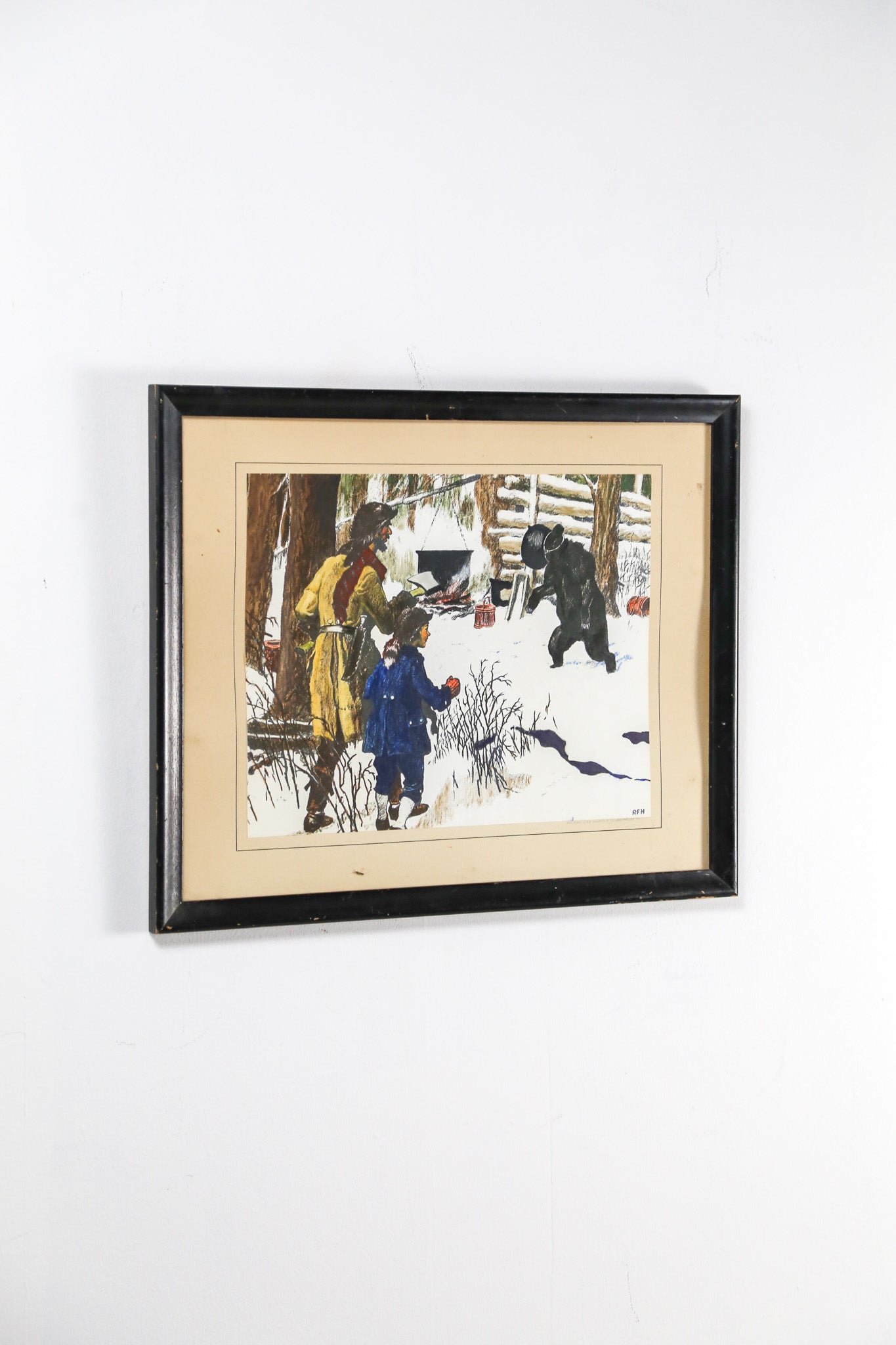 Vintage Art Print "The Bear and the Kettle" by RFH / ヴィンテージ アートプリント "熊と大釜" RFH署名入り