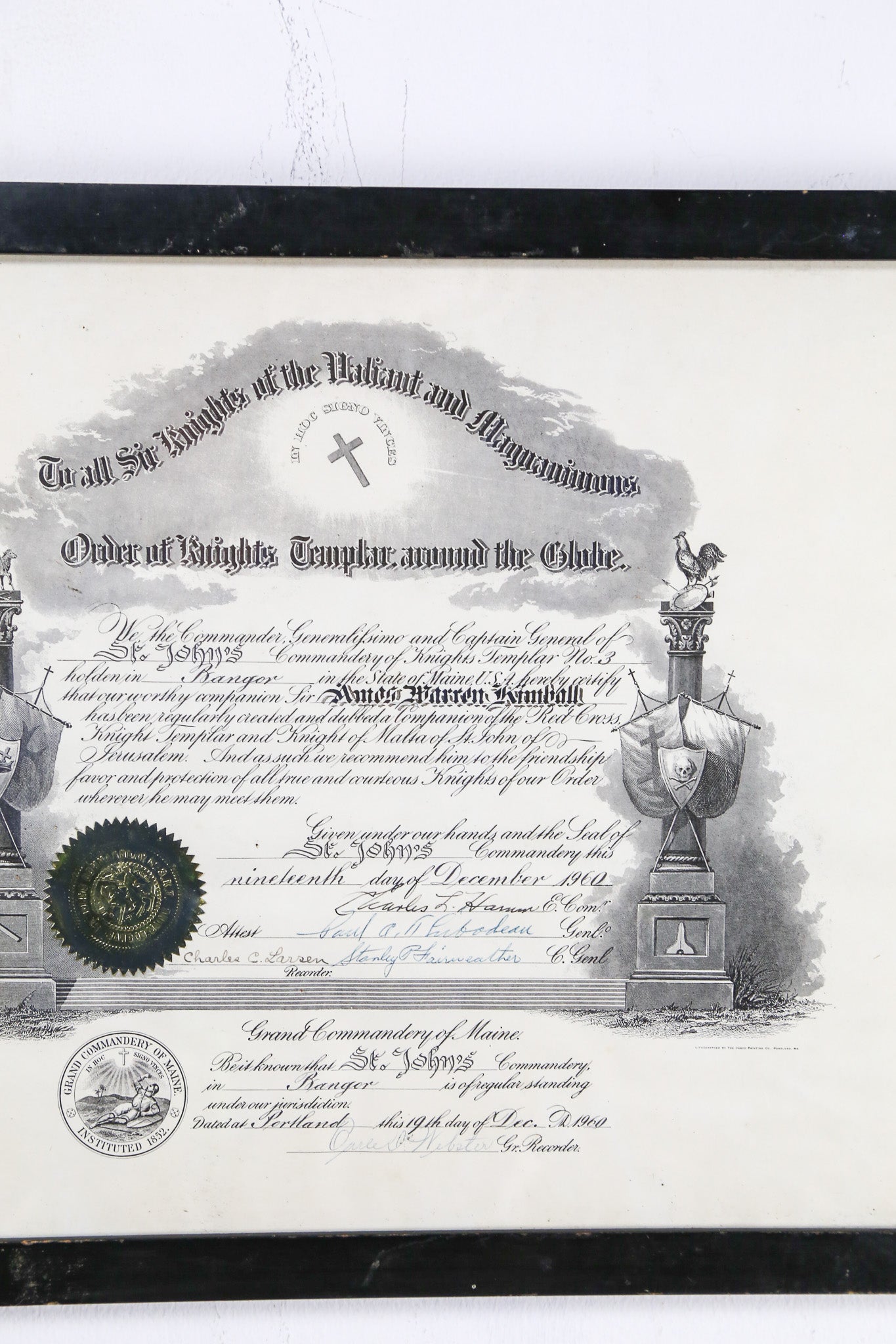 Knights Templar Certificate (1960) / 1960年 テンプル騎士団 認定証 額装品