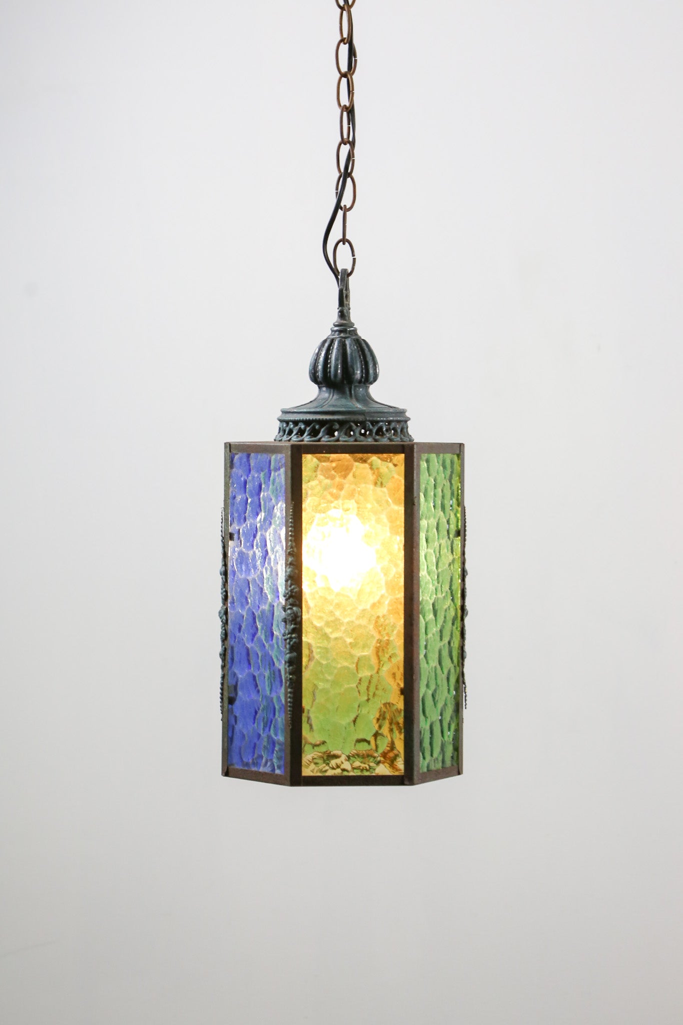 Antique Hexagonal Stained Glass Pendant Light / アンティーク 六角形 ステンドグラス ペンダントライト