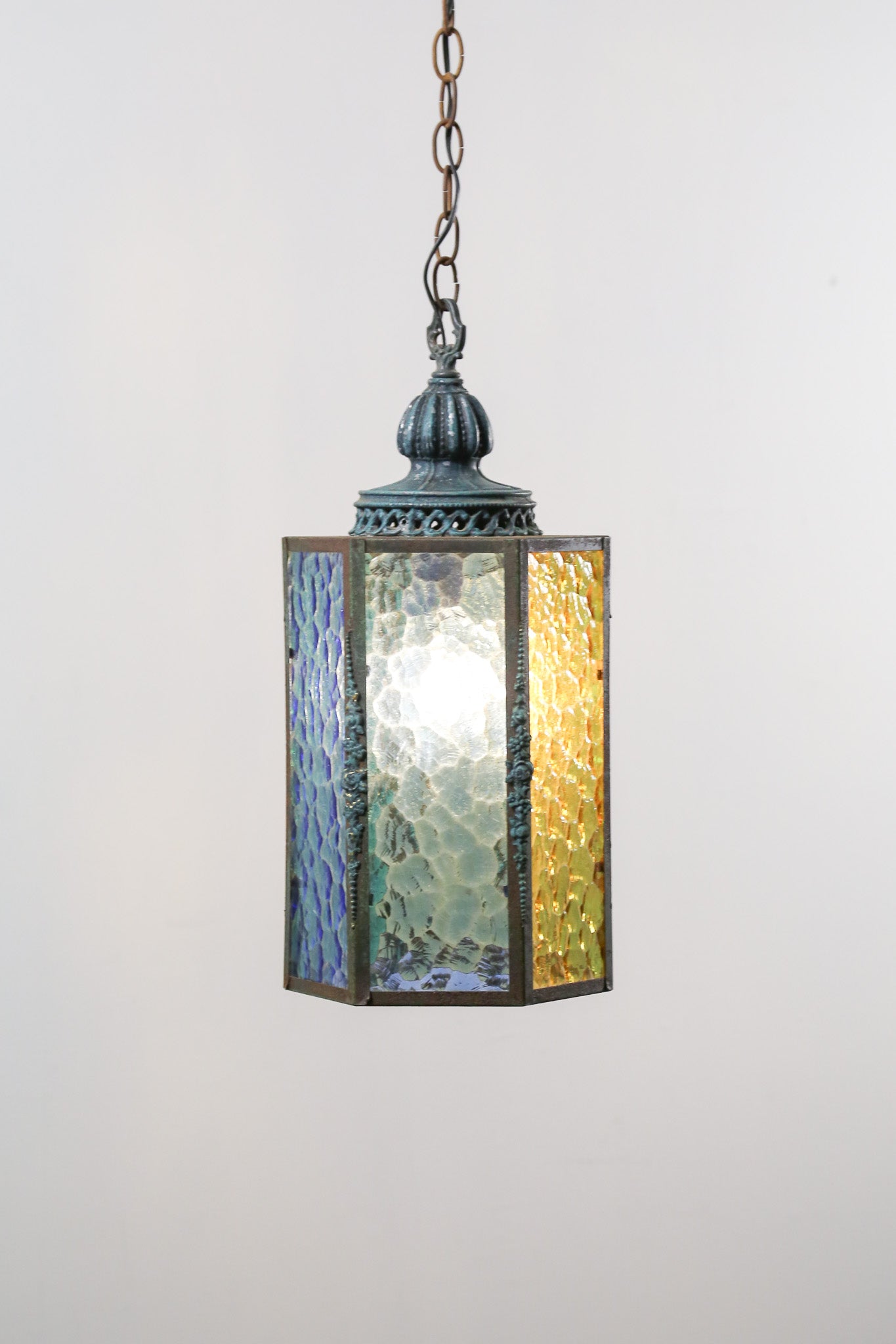 Antique Hexagonal Stained Glass Pendant Light / アンティーク 六角形 ステンドグラス ペンダントライト