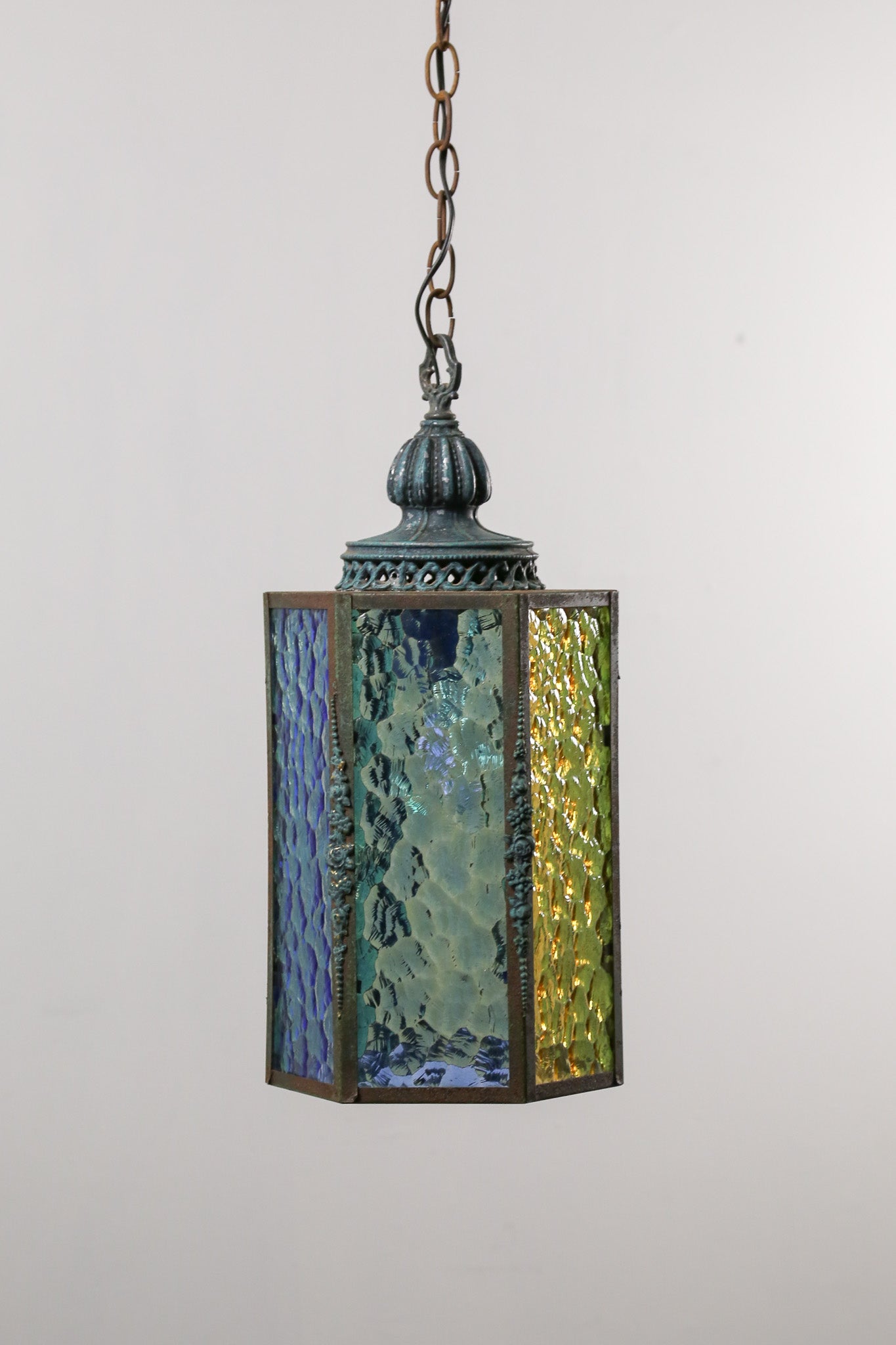 Antique Hexagonal Stained Glass Pendant Light / アンティーク 六角形 ステンドグラス ペンダントライト