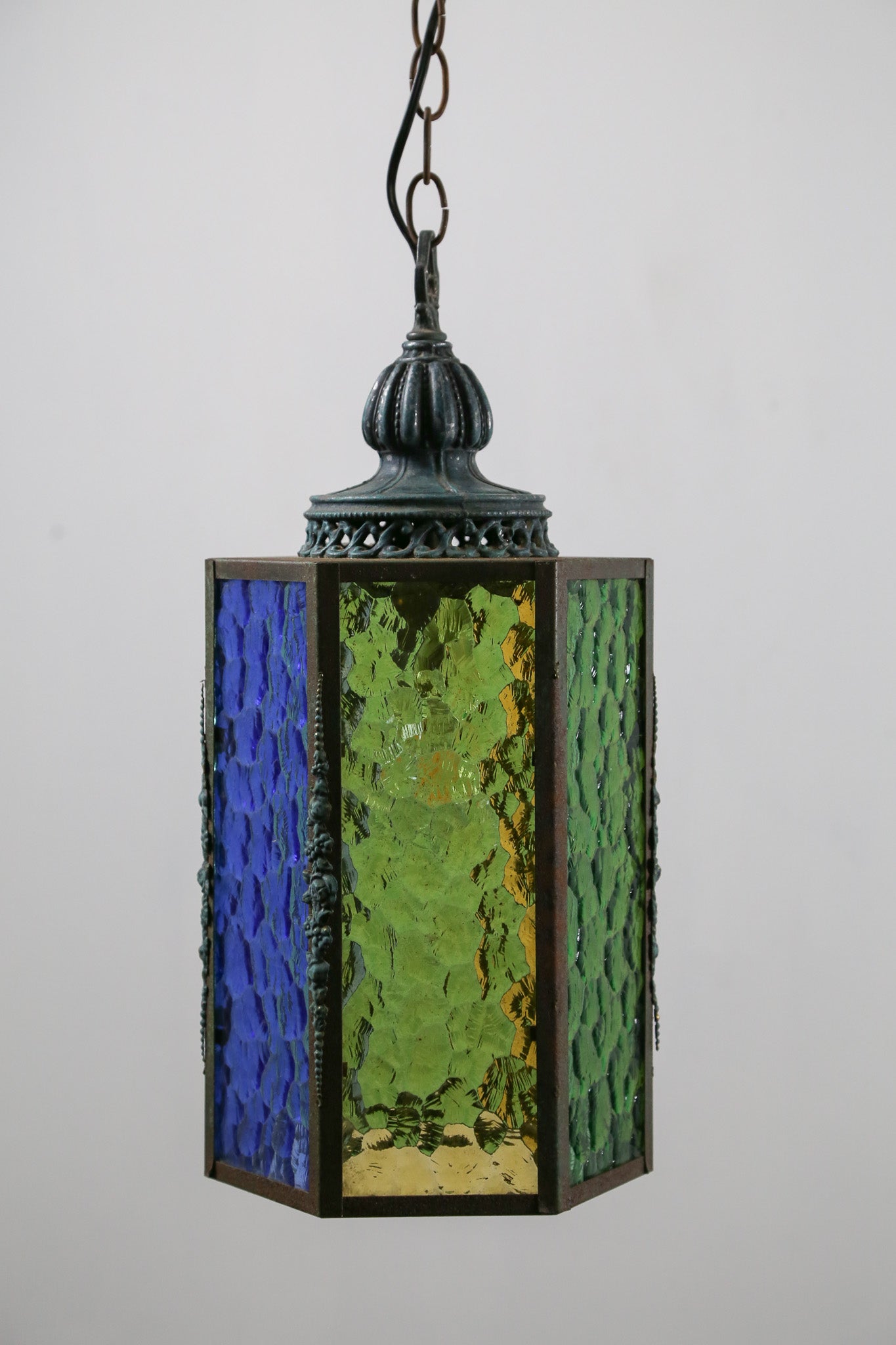 Antique Hexagonal Stained Glass Pendant Light / アンティーク 六角形 ステンドグラス ペンダントライト