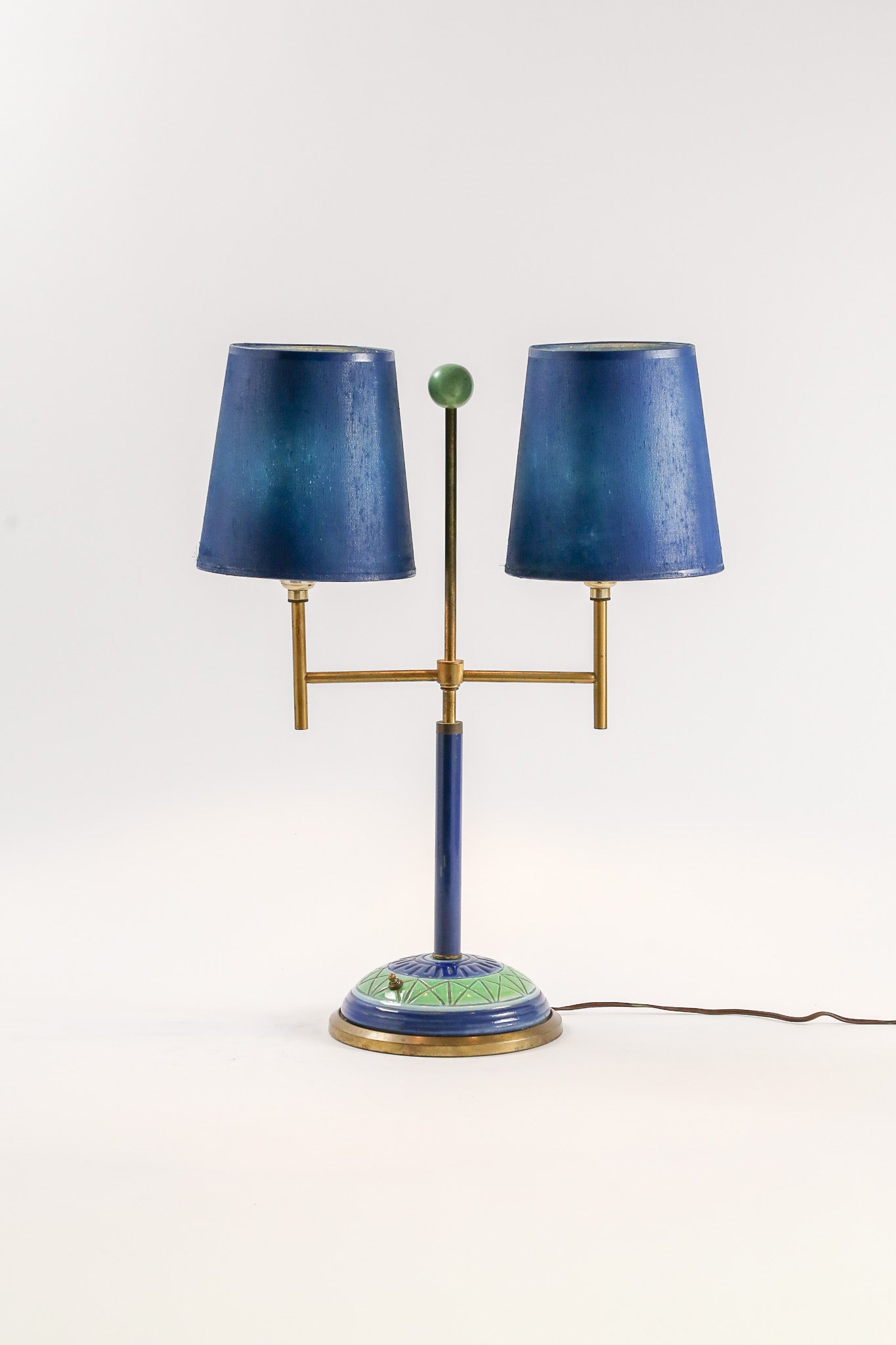 Double Arm Table Lamp with Blue Silk Shades / ブルーシルクシェード ダブルアームテーブルランプ