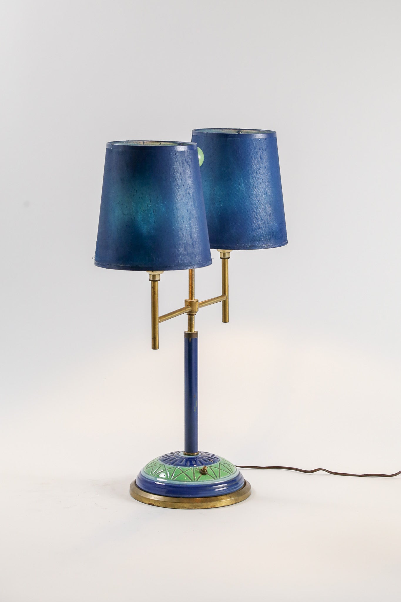 Double Arm Table Lamp with Blue Silk Shades / ブルーシルクシェード ダブルアームテーブルランプ