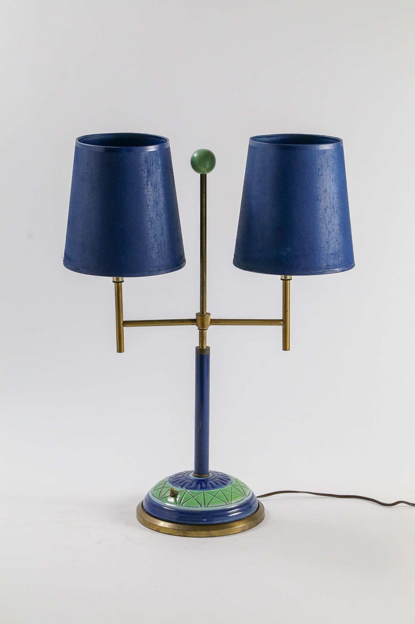 Double Arm Table Lamp with Blue Silk Shades / ブルーシルクシェード ダブルアームテーブルランプ